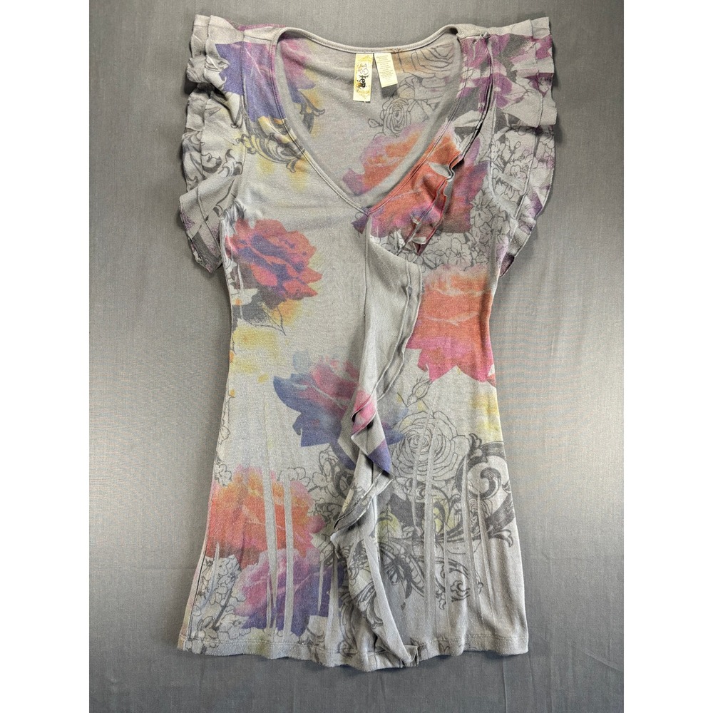 Vintage L8teR Women's‎ Small Floral Ruffle V Neck Tunic Top Shirt Y2K